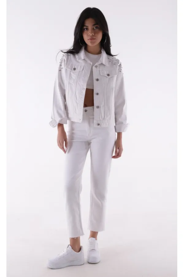 Classic Short Denim Jacket with Decorative Pieces on Shoulders 6076-50-(S-XL-6) White Classic Short Denim Jacket with Decorative Pieces on Shoulders 6076-50-(S-XL-6) White