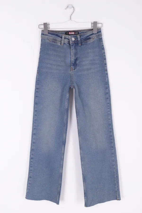 Wide Leg Palazzo Relaxed Jean with Decorative Front Pockets 1710-62-(27-32) Middle Blue - Tinted