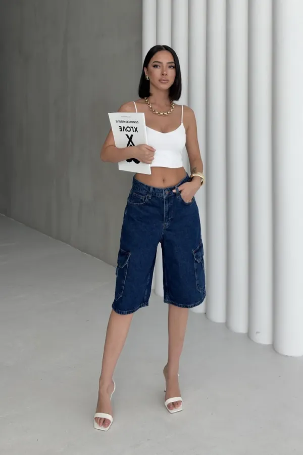 Mid Length Denim Shorts with Pocket Detail 2026-26-(36-42-6) Regular Dark Blue