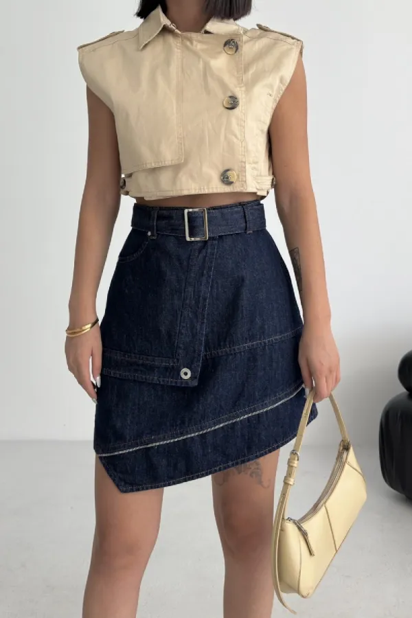 Ripped Denim Skirt with Denim Belt and Decorative Zipper 117-17-(36-42-6-2) Slubbed Navy Blue