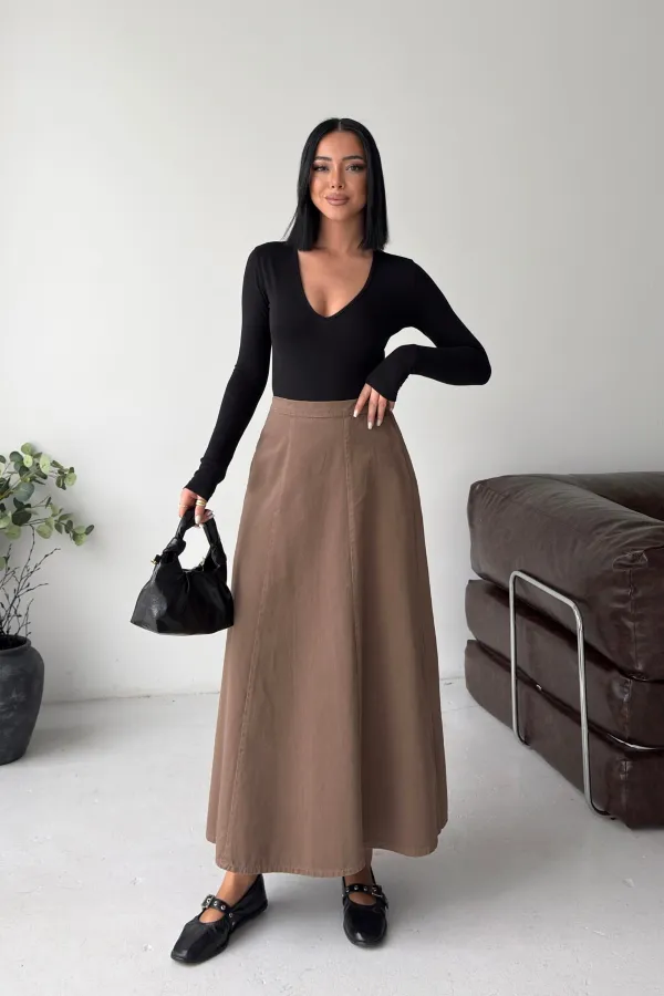 Ruffled Long Skirt with Elasticated Waist  1063-72-(36-44) Soil