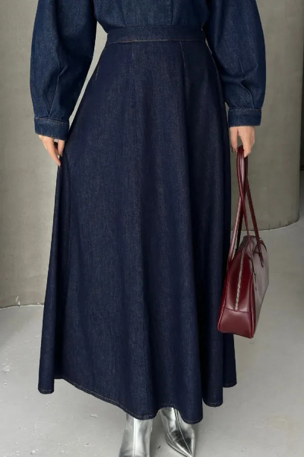 Ruffled Long Skirt with Elasticated Waist 1063-17-(36-44) Slubbed Navy Blue