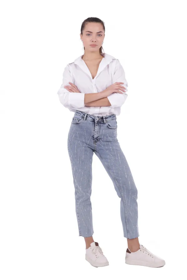 Taşlı Mom Fit Kot Pantolon  1725-08-(28-33)