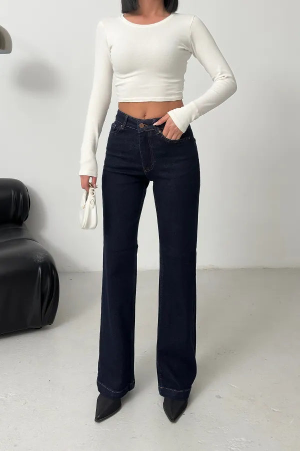 Stitched Hems Wide Leg Relaxed Jean 7026-17-(26-31) Slubbed Navy Blue
