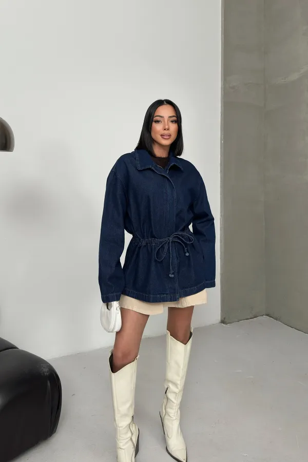 Denim Jacket with Waist Detail 6145-17-(S-L-3) Slubbed Navy Blue