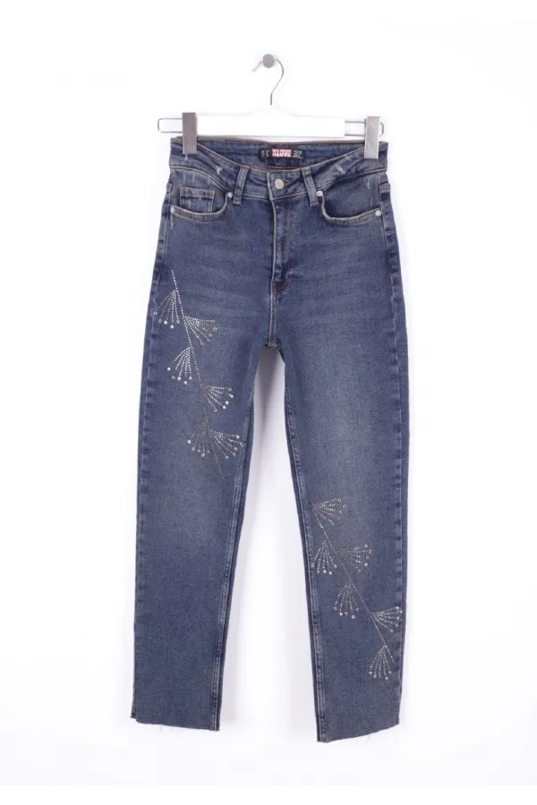 Çapraz Taşlı Mom Fit Kot Pantolon  7054-28-(28-33)