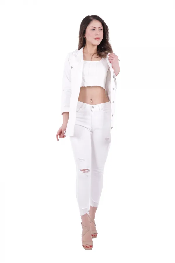 Fringe Finish Boyfriend Denim Jacket 679-50-(S-L-5) White Fringe Finish Boyfriend Denim Jacket 679-50-(S-L-5) White