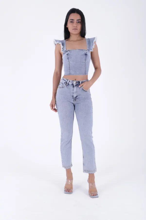Taşlı Mom Fit Kot Pantolon  7023-08-(26-29)