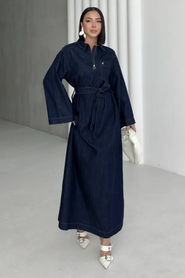 Kuşaklı Uzun Kot Elbise  3035-17-(S-XL)