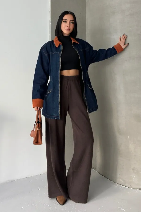 Velvet Piece Detailed Zippered Denim Jacket 6129-26-(S-XL) Regular Dark Blue