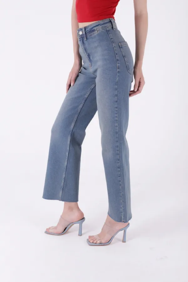 Wide Leg Palazzo Relaxed Jean with Decorative Front Pockets 1710-62-(27-32) Middle Blue - Tinted