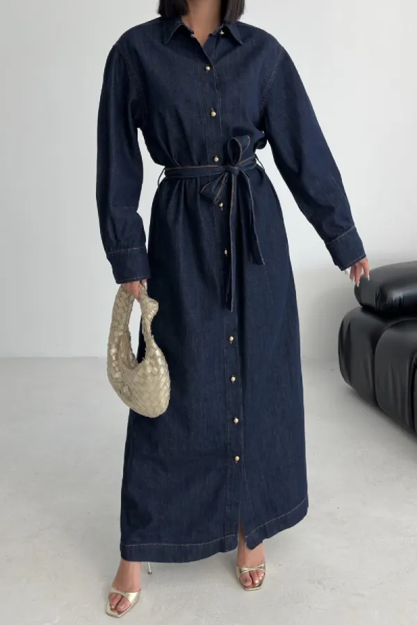 Buttoned Classic Long Denim Dress 3034-17-(S-XL) Slubbed Navy Blue