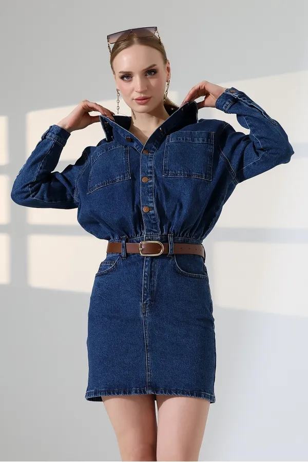 Robe mini en jean boutonnée 3027-01-(SL-3)