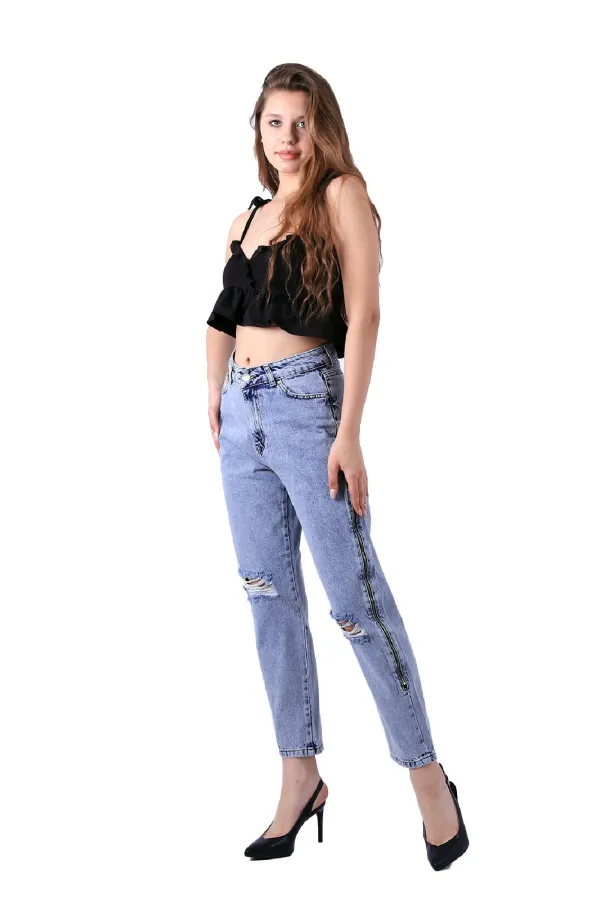 Yanı Fermuarlı Mom Kot Pantolon 717-08-(27-32) Yanı Fermuarlı Mom Kot Pantolon 717-08-(27-32)