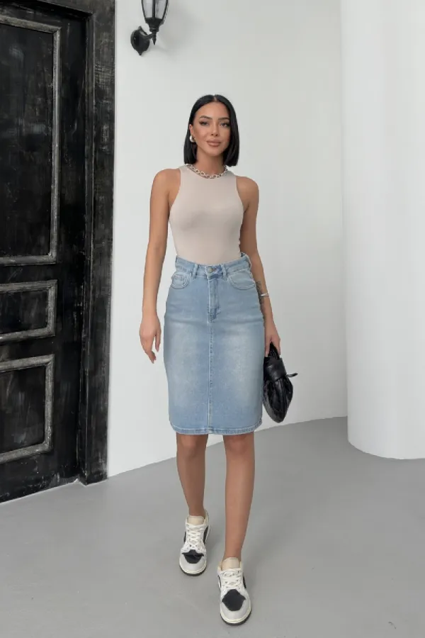 Classic Mid Length Denim Skirt  1039-15-(42-46) Light Blue Denim