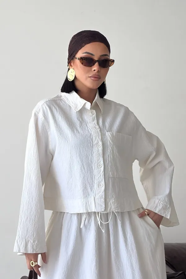 Short Shirt with Button HS628-51-(S-L-3) Cream White