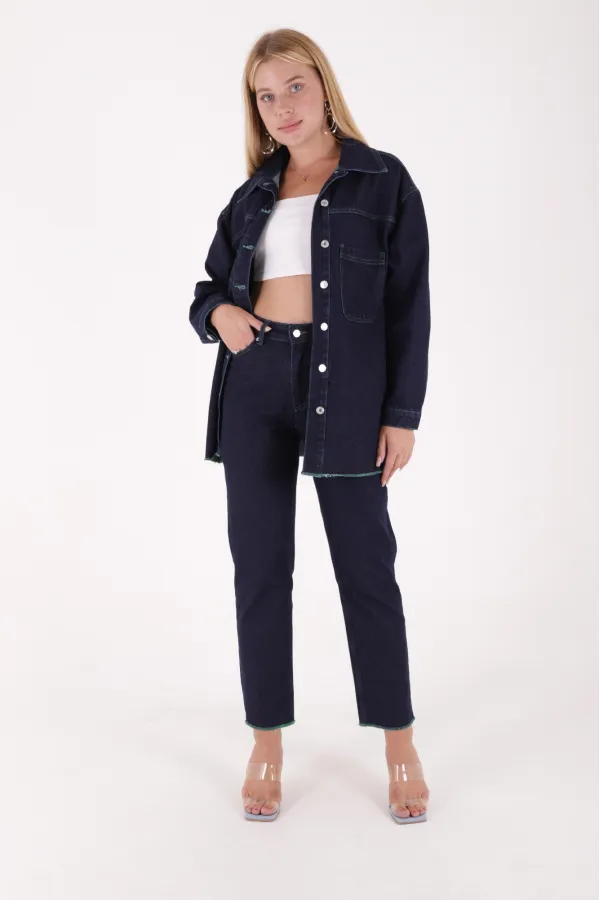 Denim Jacket Sewn with Green Thread 6021-17-(S-XL-6) Slubbed Navy Blue Denim Jacket Sewn with Green Thread 6021-17-(S-XL-6) Slubbed Navy Blue