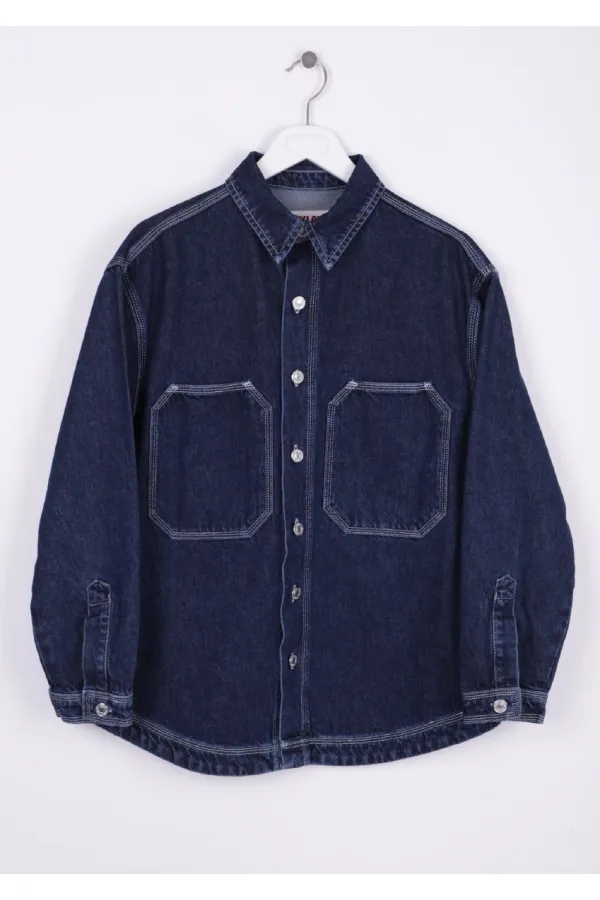 Oversize Denim Jacket with Octagonal Pocket and Stitching Detail 6069-17-(S+L+4) Slubbed Navy Blue Oversize Denim Jacket with Octagonal Pocket and Stitching Detail 6069-17-(S+L+4) Slubbed Navy Blue