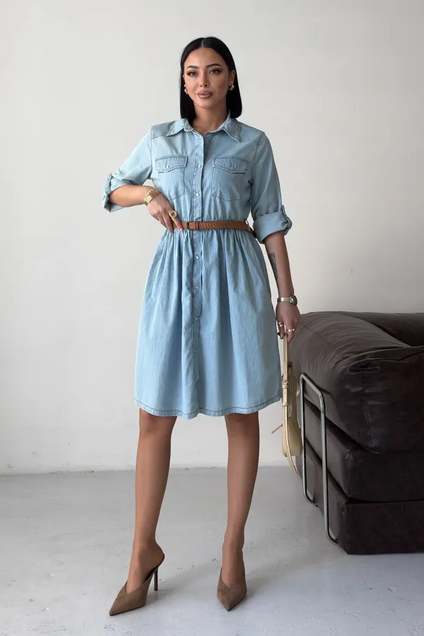 Büzgü Detaylı Kısa Kot Elbise  3040-42-(S-XL)