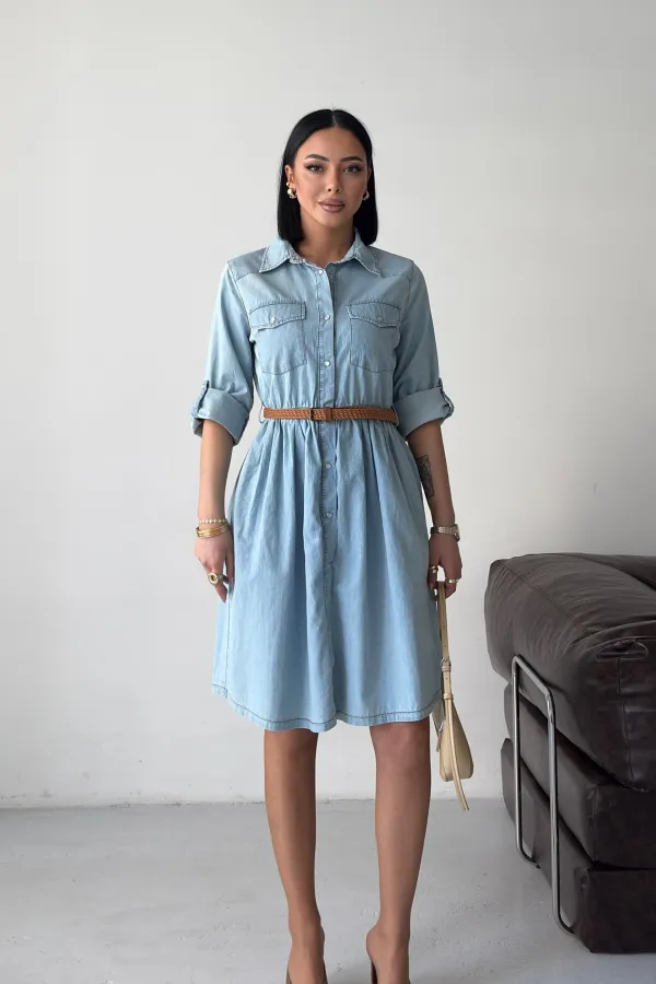 Büzgü Detaylı Kısa Kot Elbise  3040-42-(S-XL)