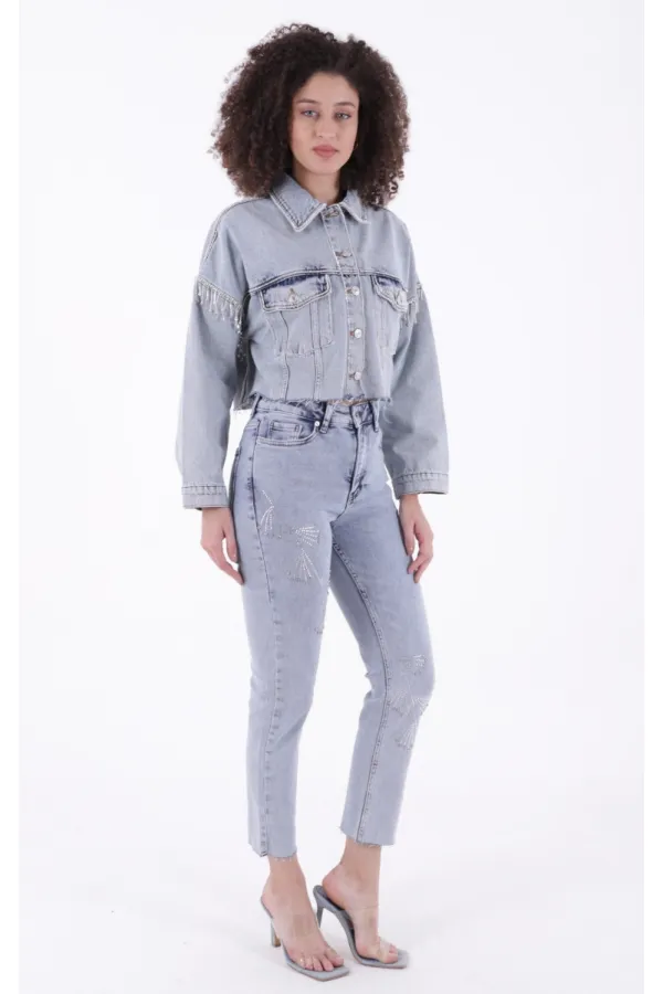Çapraz Taşlı Mom Fit Kot Pantolon 7054-08-(26-31)