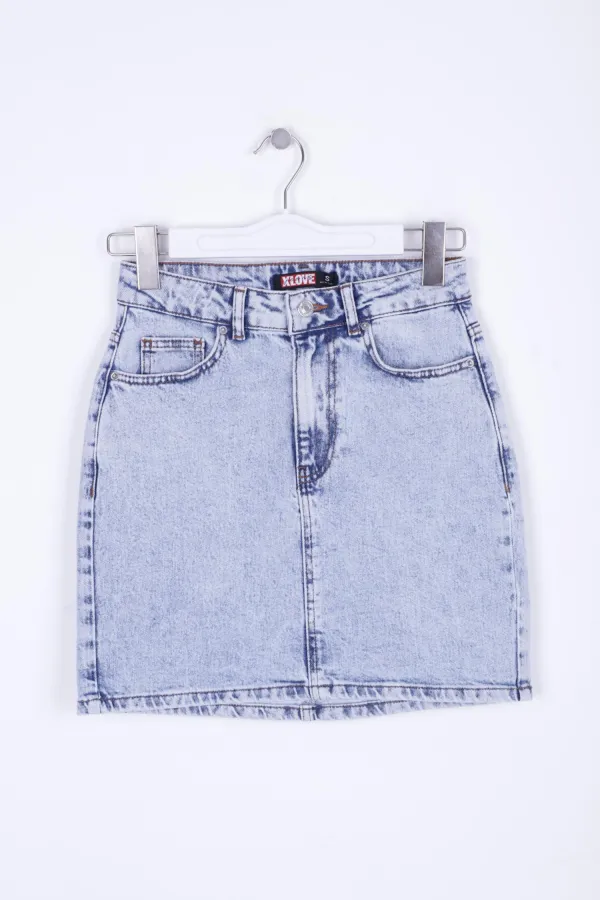Short Length Denim Skirt with Stitched Hem 1036-08-(S-XL-6) Snow Light Blue