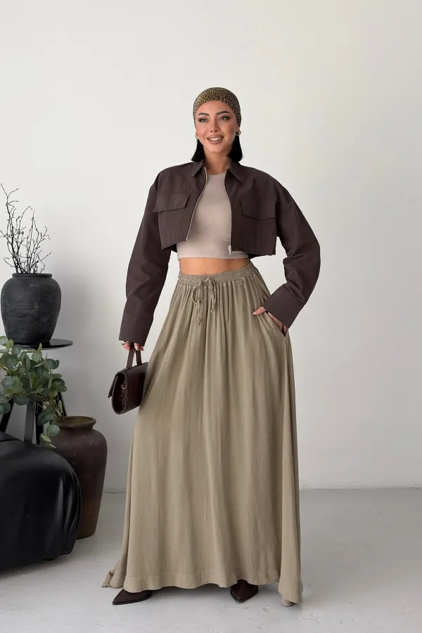 Elasticated Long Skirt HS131-74-(S-L-3) Green