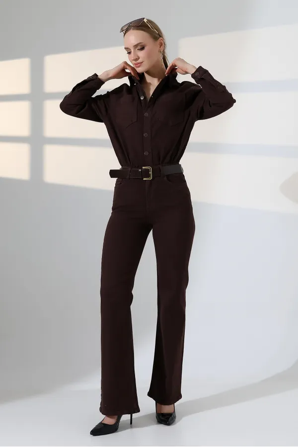 Classic Denim Jumpsuit with Elasticated Waist 3037-78-(S-XL) Brown