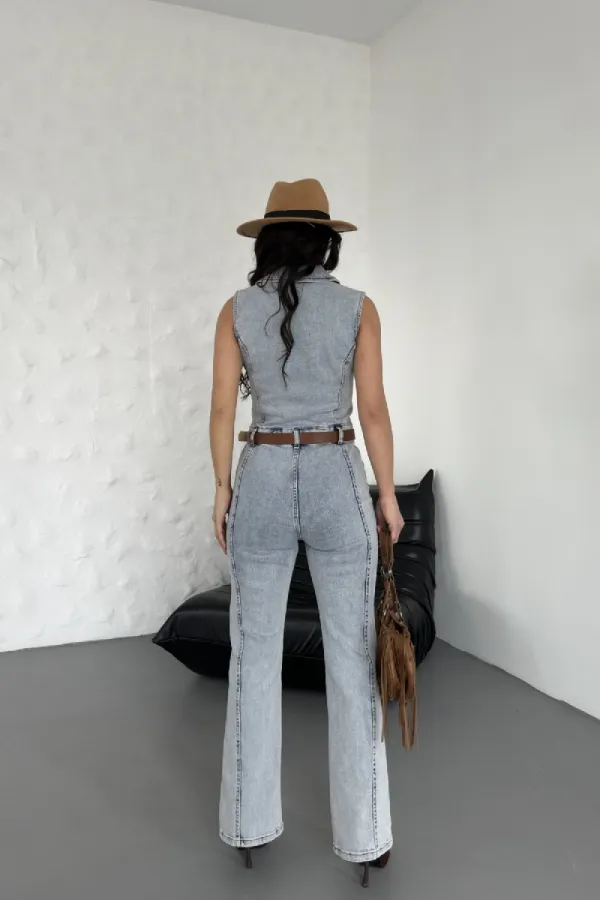 Kuplu Kolsuz Fermuarlı Kot Tulum 3013-08-(S-XL)