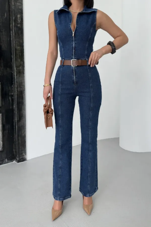 Combinaison en jean sans manches à fermeture éclair avec bonnets 3013-26-(S-XL)