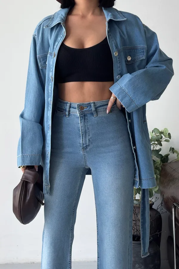 Belted Oversize Shirt 6250-15-(S-L-3) Light Blue Denim