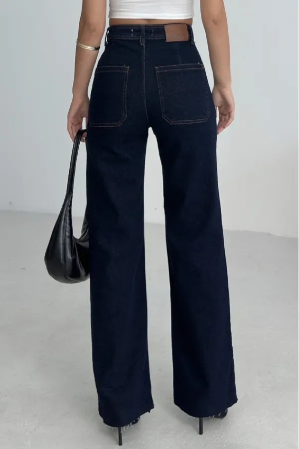 Wide Leg Palazzo Relaxed Jean with Decorative Front Pockets  1710-17-(30-36) Slubbed Navy Blue