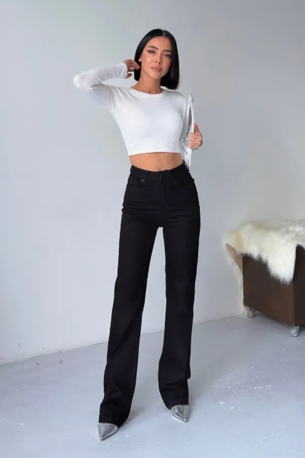Stitched Hems Wide Leg Relaxed Jean  7026-07-(30-36) Black