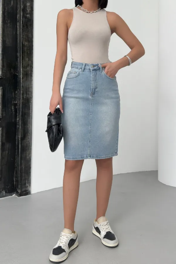 Classic Mid Length Denim Skirt  1039-15-(42-46) Light Blue Denim