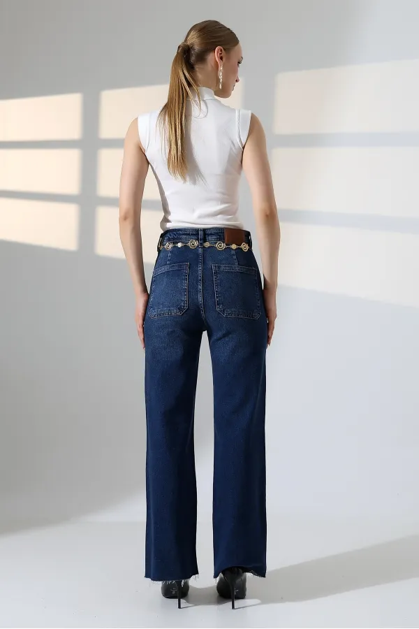 Wide Leg Palazzo Relaxed Jean 1710-01-(27-32) Dark Blue Denim