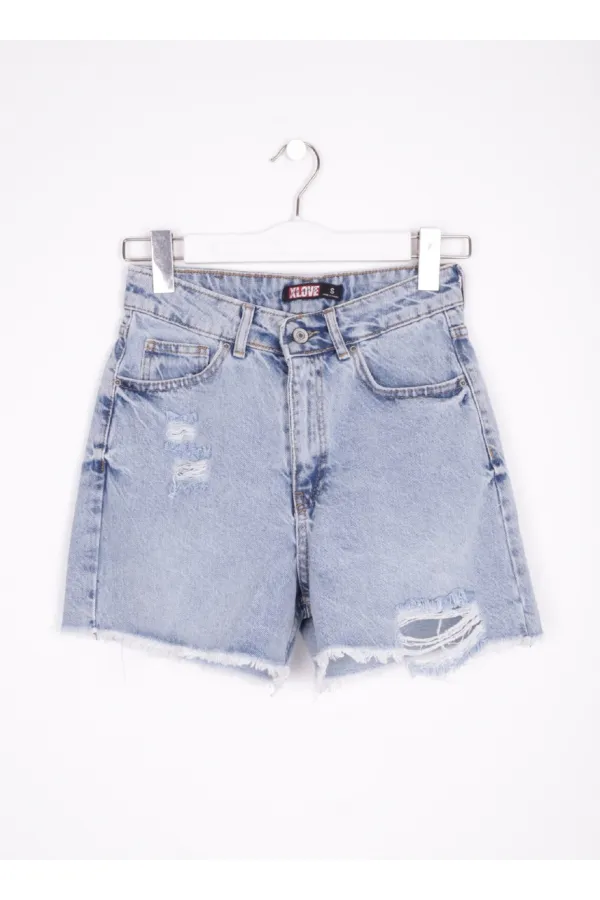 Ripped Denim Short with Fringe Ending 225-08-(S-XL-6) Snow Light Blue Ripped Denim Short with Fringe Ending 225-08-(S-XL-6) Snow Light Blue