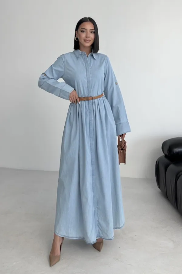 Büzgü Detaylı Uzun Kot Elbise  3048-42-(S-XL)