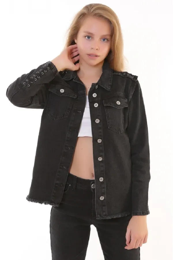 Kolu Bağcıklı Eteği Püsküllü Kot Ceket  618-03-(S-XL)