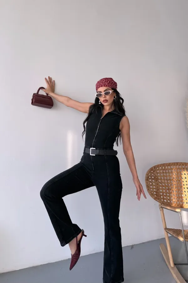Sleeveless Denim Jumpsuit with Zipper and Belt 3013-23-(S-XL) Regular Anthracite