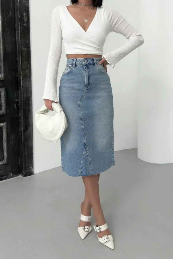Mid Length Denim Skirt with Triangle Detail  1041-15-(XS-XL) Light Blue Denim