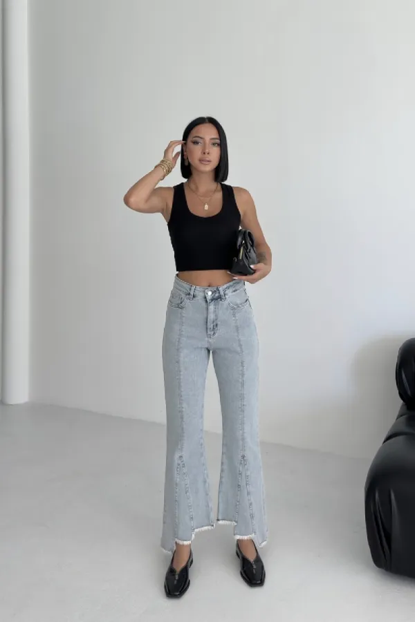 Mom Fit Jean with Asymmetrical Flared Legs 1859-08-(26-31) Snow Light Blue