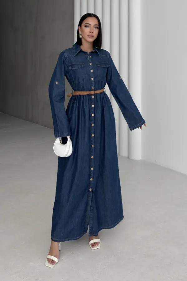 Düğmeli Uzun Kot Elbise 3041-26-(S-XL)