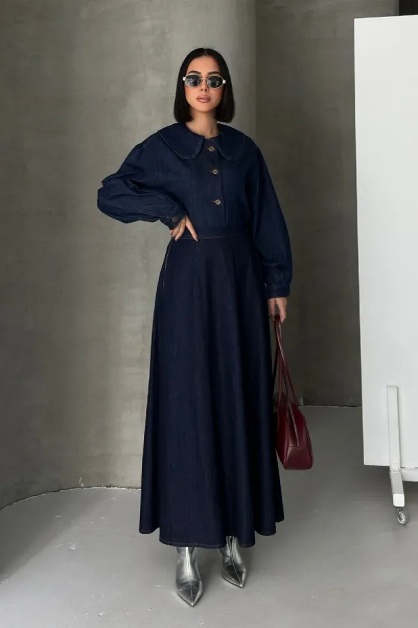 Baby Collar Denim Shirt 6095-17-(S-L-3) Slubbed Navy Blue