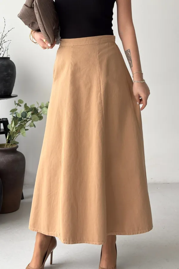 Ruffled Long Skirt with Elasticated Waist  1063-70-(36-44) Camel