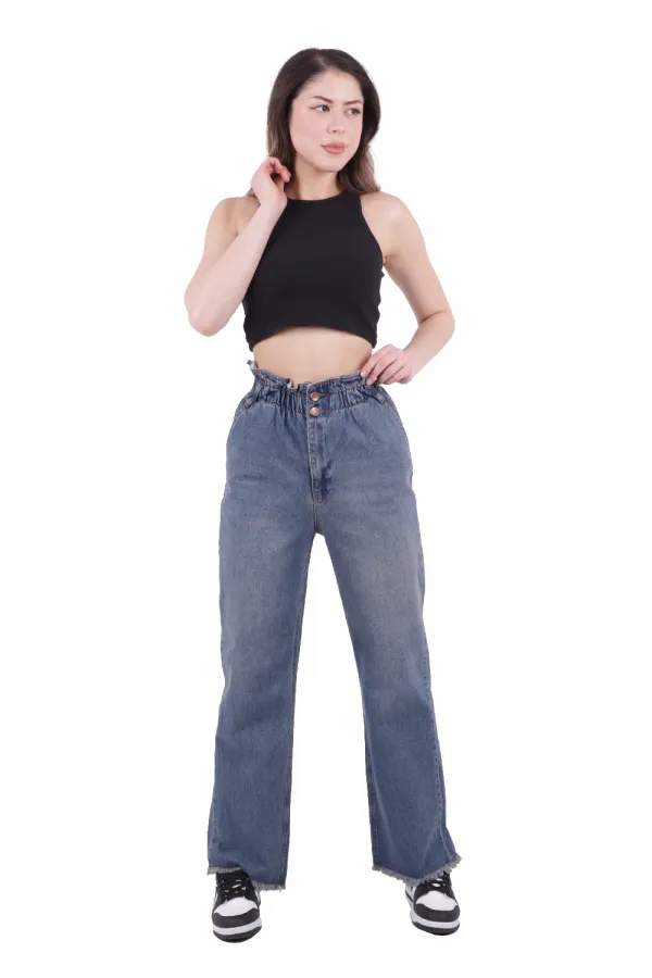 Elasticated Waist Wide Leg High Waisted Relaxed Jean 789-62-(27-32) Middle Blue - Tinted Elasticated Waist Wide Leg High Waisted Relaxed Jean 789-62-(27-32) Middle Blue - Tinted
