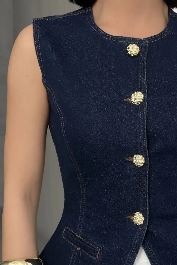 Belden Oturtmalı Düğmeli Kot Yelek 6086-17-(S-XL)