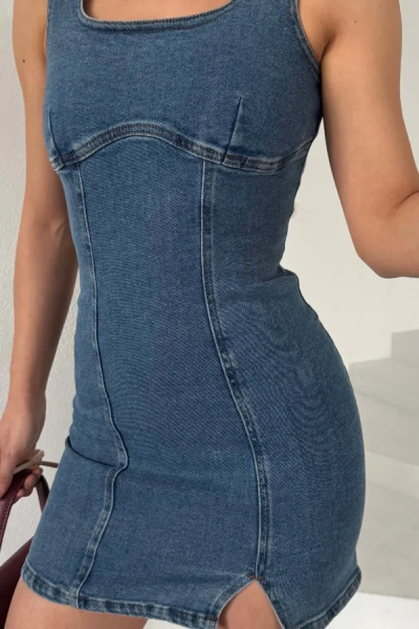Fermuarlı Mini Kot Elbise 3028-27-(XS-L) Fermuarlı Mini Kot Elbise 3028-27-(XS-L)