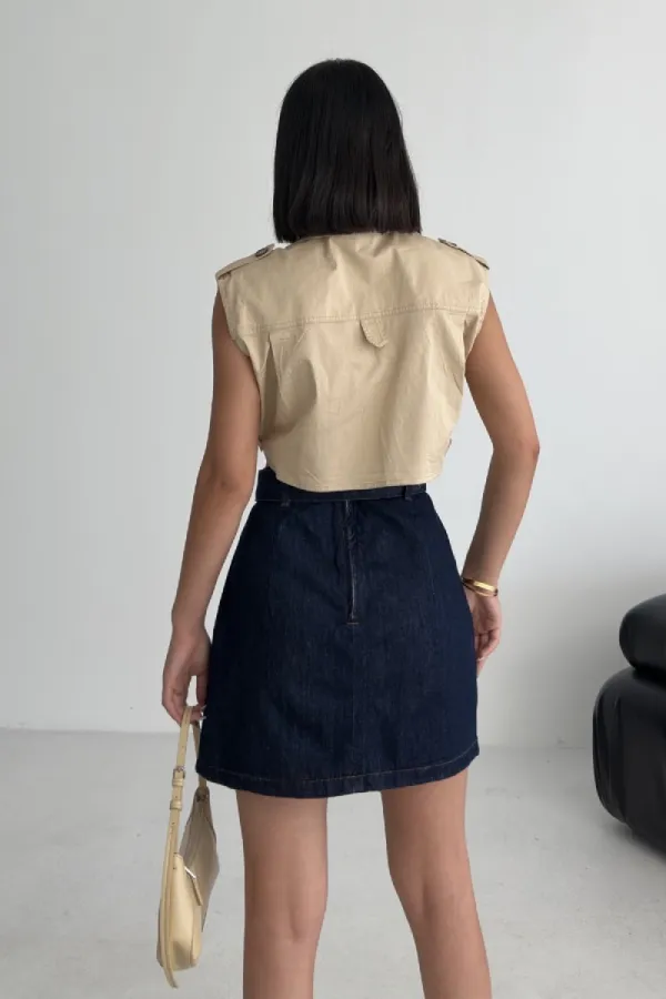 Ripped Denim Skirt with Denim Belt and Decorative Zipper 117-17-(36-42-6-2) Slubbed Navy Blue