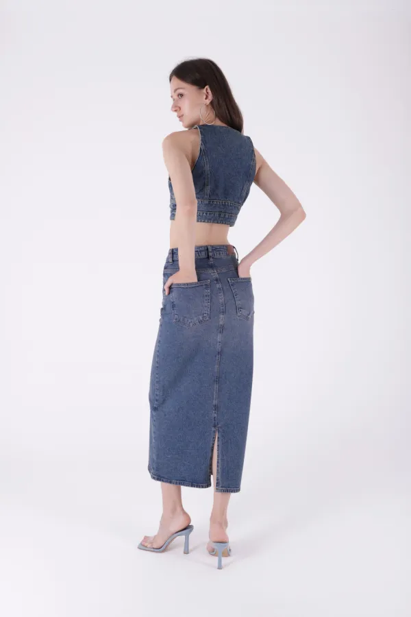 Classic Long Denim Skirt 1038-28-(XS-XL-5) Dark Blue Snow Denim Classic Long Denim Skirt 1038-28-(XS-XL-5) Dark Blue Snow Denim