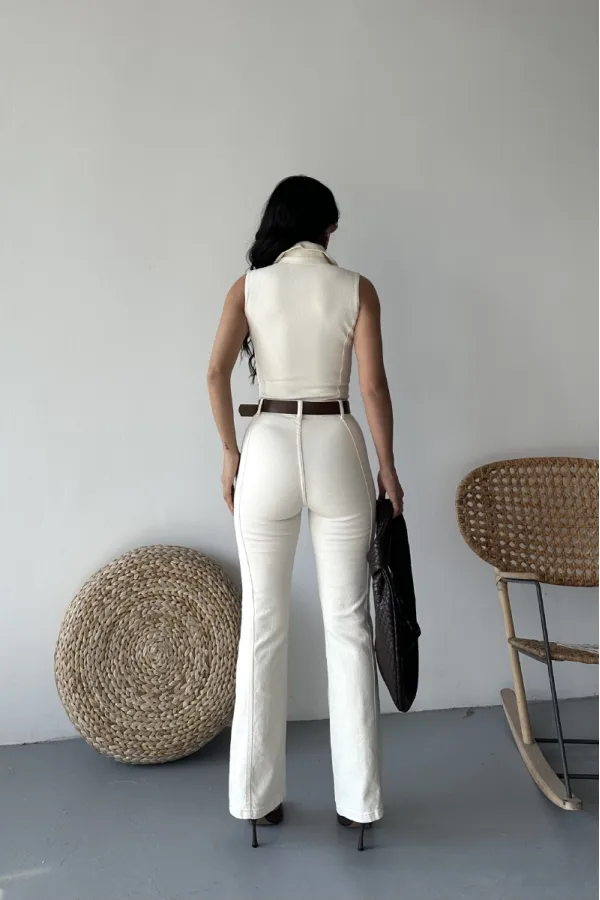 Sleeveless Denim Jumpsuit with Zipper and Belt 3013-80-(S-XL) Natural